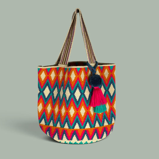 Tote • Natural Gold Fuchsia Green Diamond Paths