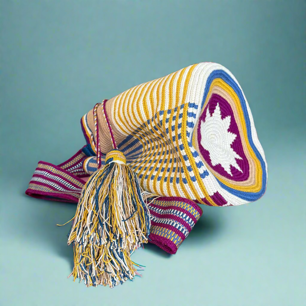 tan yellow purple mochila wayuu