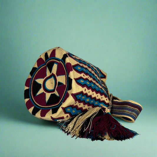 Decorative bag with geometric pattern on a plain background