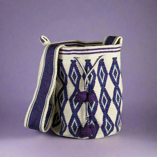 wayuu houlder bag white purple blue front tall