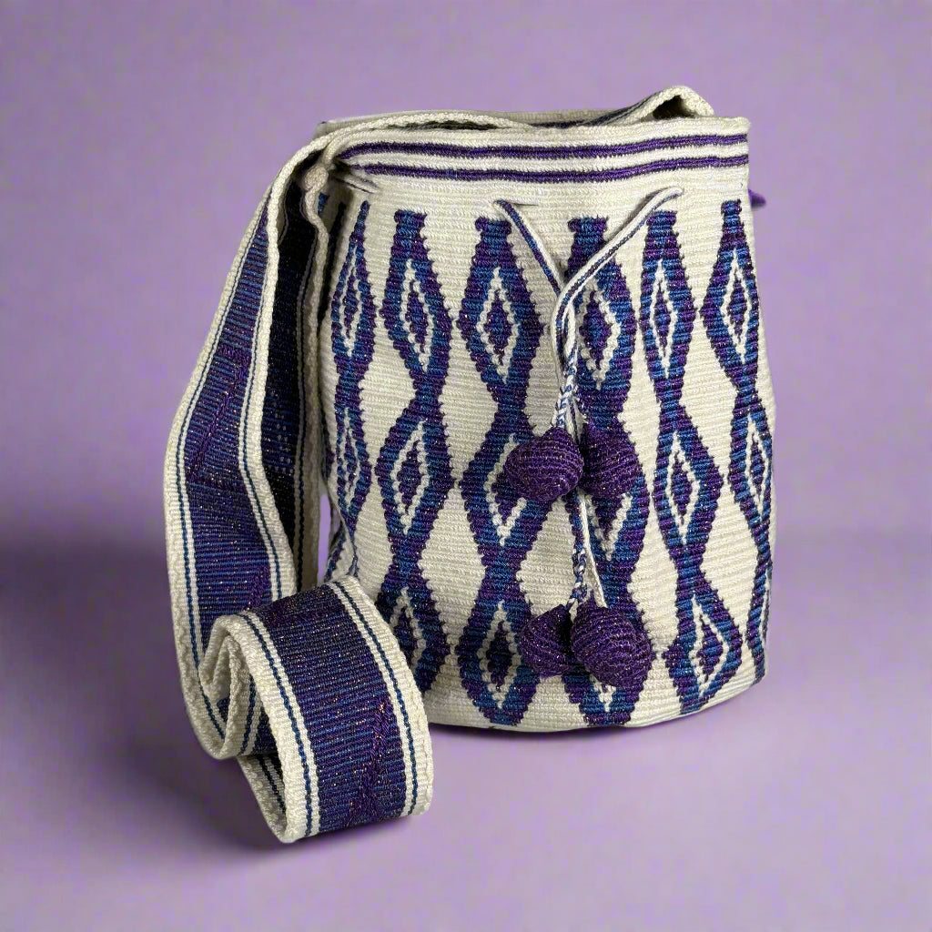 Wayuu shoulder bag white purple blue