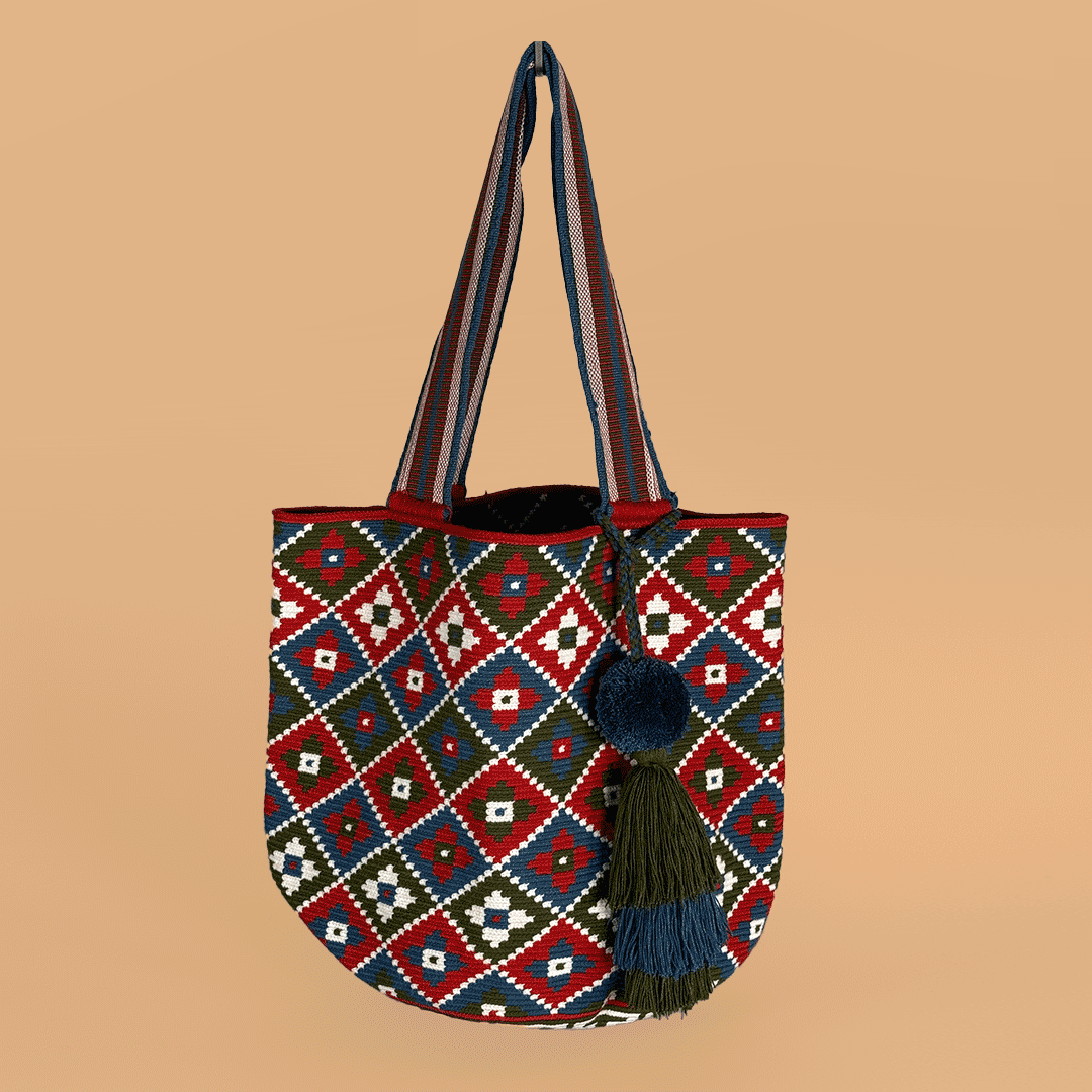 Wayuu Tote bag blue red green diamonds