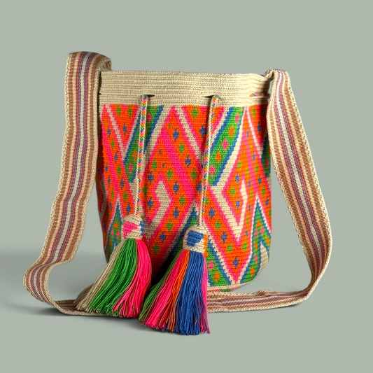 Mochila · Natural Neon Pink Green Diamond Pathways