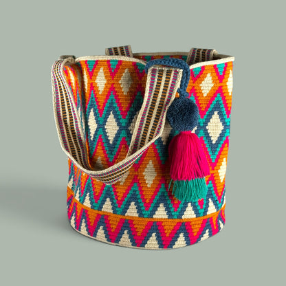 Tote • Natural Gold Fuchsia Green Diamond Paths