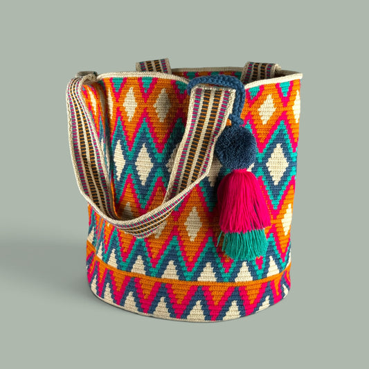 Tote • Natural Gold Fuchsia Green Diamond Paths