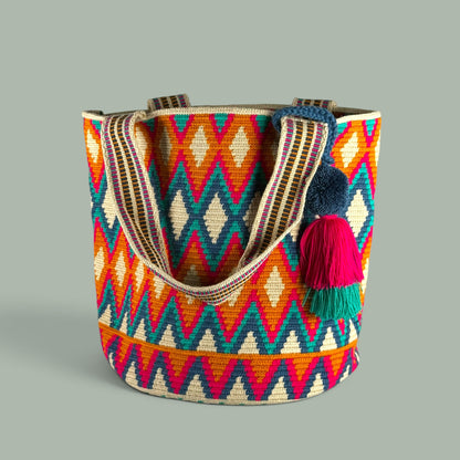 Tote • Natural Gold Fuchsia Green Diamond Paths