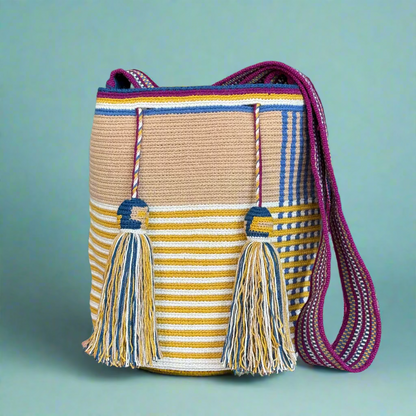 tan yellow purple mochila wayuu