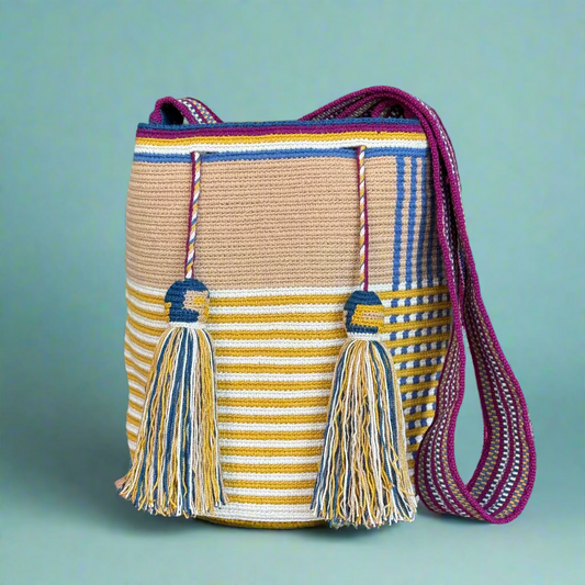 tan yellow purple mochila wayuu