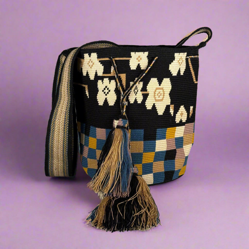Woven bag with floral and checkered patterns on a white background