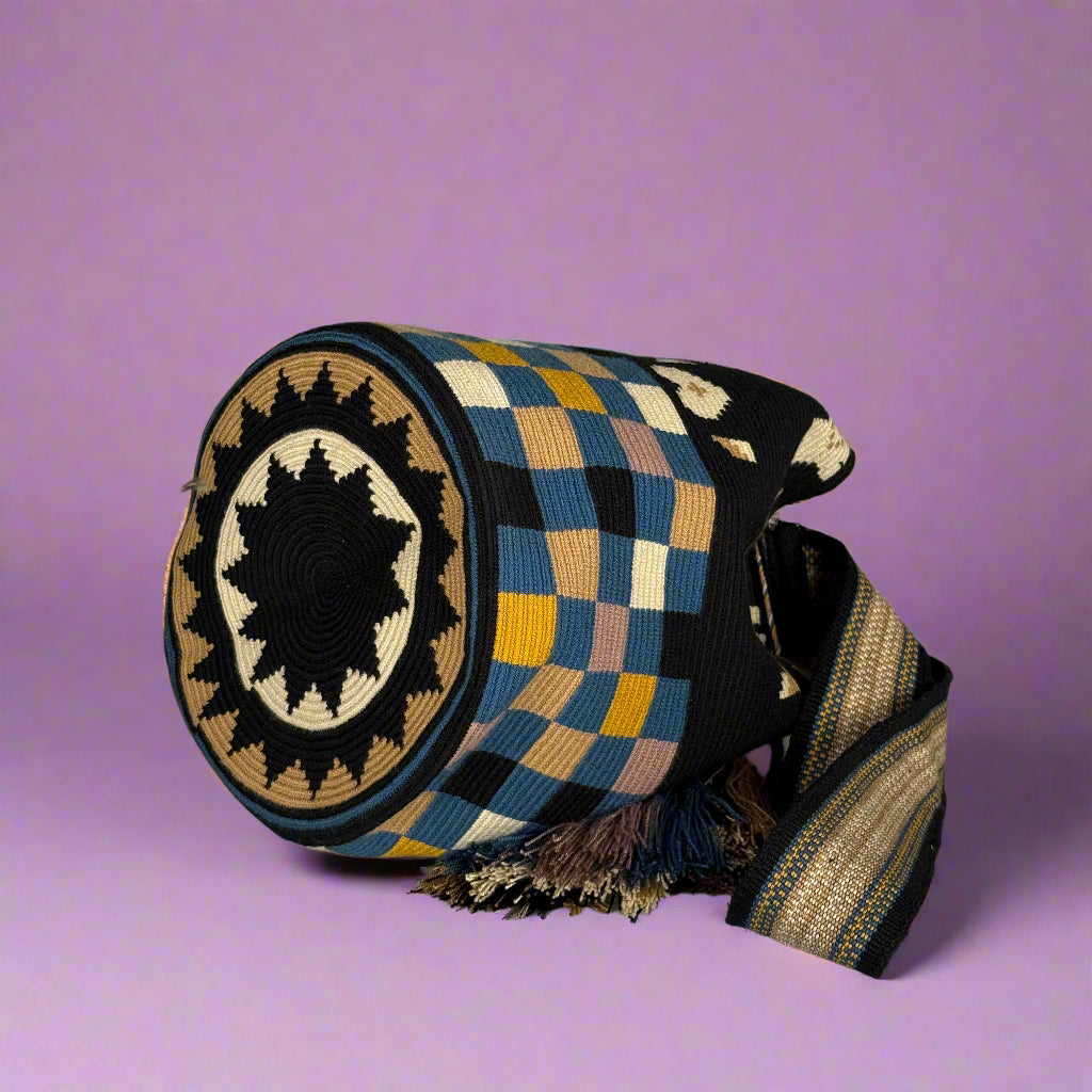 Woven bag with geometric pattern on a light gray background