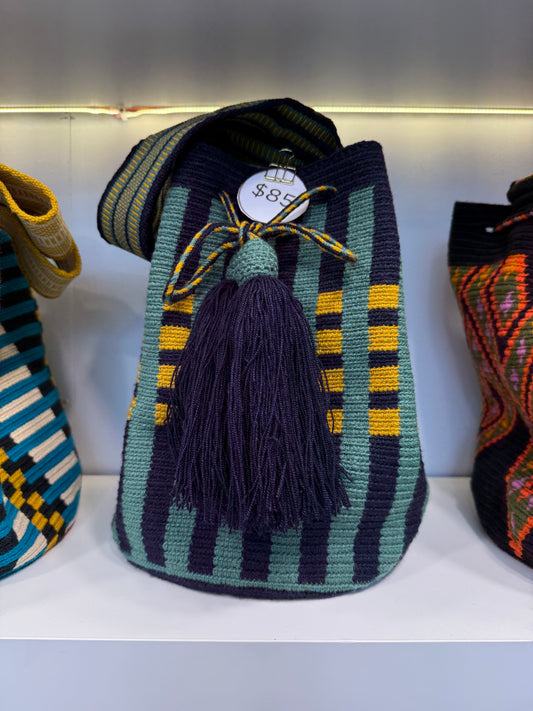 Wayuu shoulder bag navy green yellow plaid