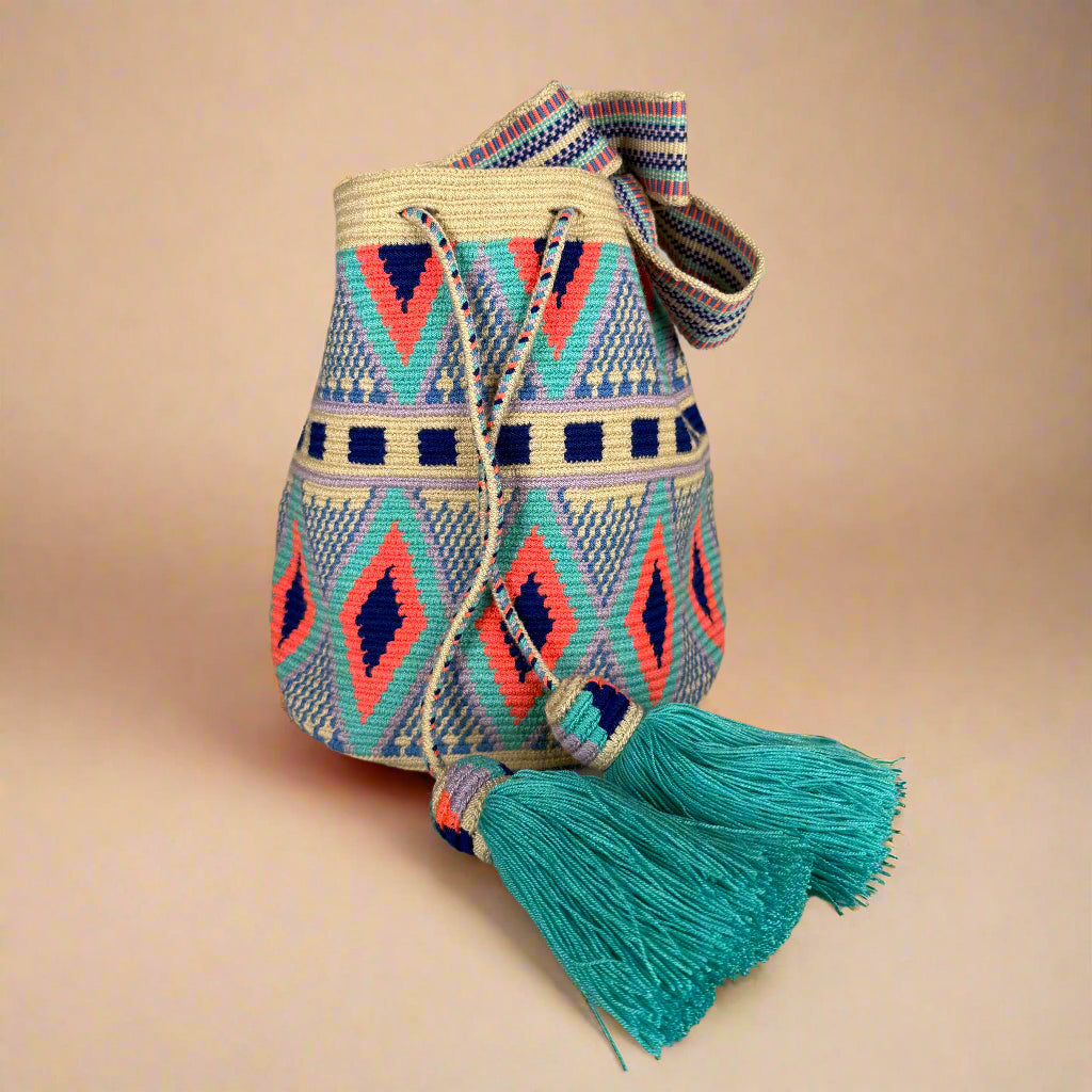 Wayuu shoulder bag Ivory teal orange purple