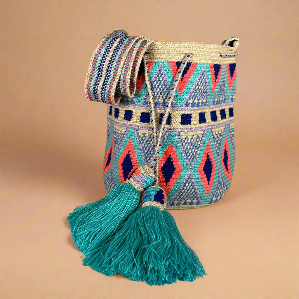 Wayuu shoulder bag Ivory teal orange purple