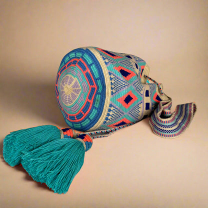 Wayuu shoulder bag Ivory teal orange purple