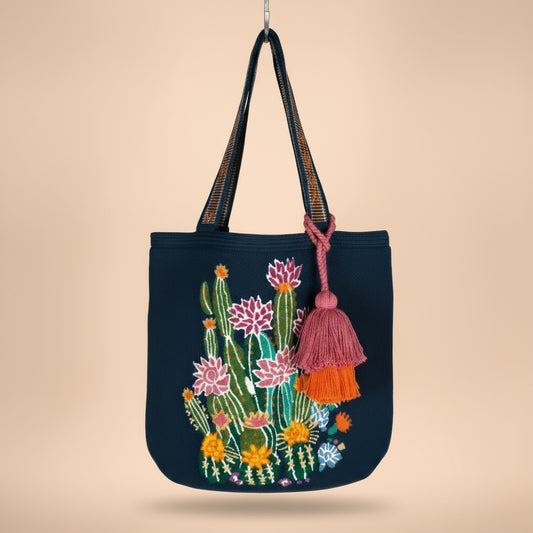 Wayuu Tote Bag punch needle blue cactus