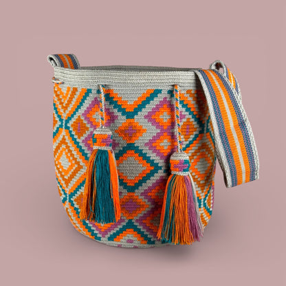 Mochila · Grey Orange & Green Diamond Motif