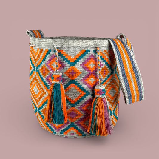 Mochila · Grey Orange & Green Diamond Motif