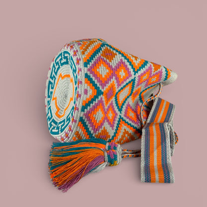 Mochila · Grey Orange & Green Diamond Motif