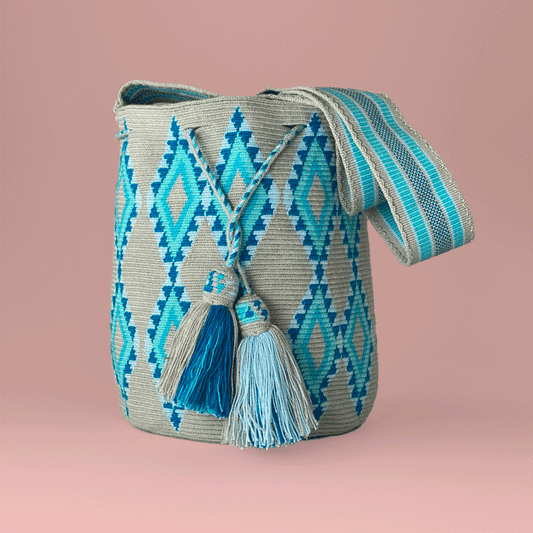 Wayuu shoulder bag grey teal blue